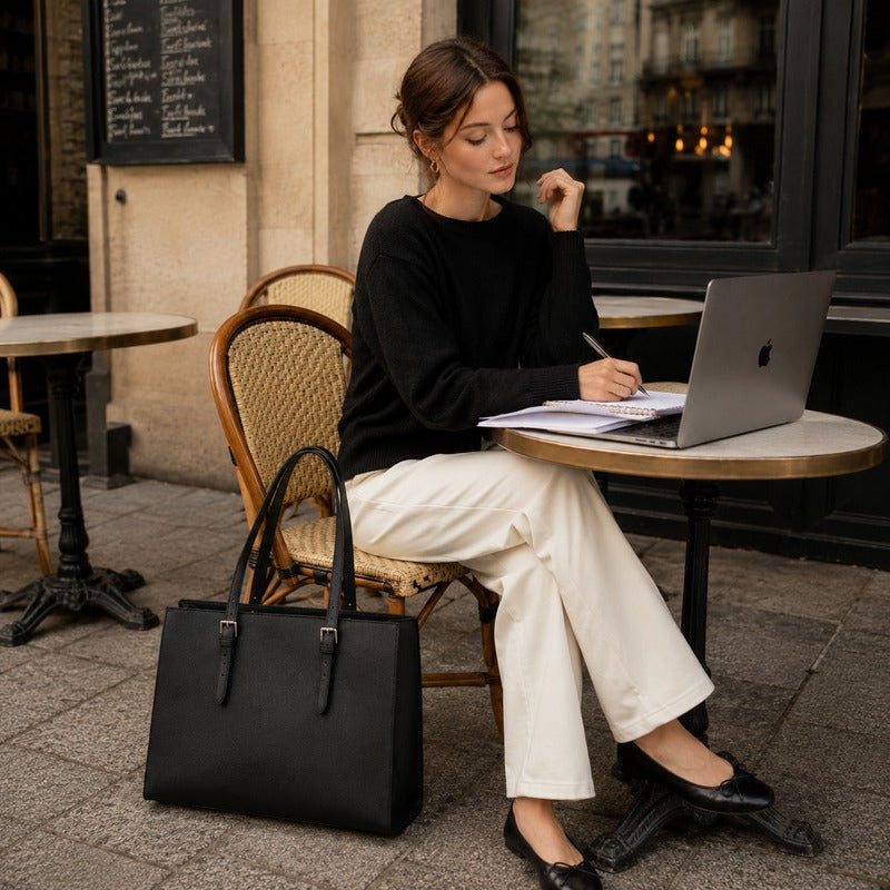 Sac de Cours Etudiante noir - utilisé en terrasse avec un ordinateur portable - Camel - Beige - Bleu - Noir