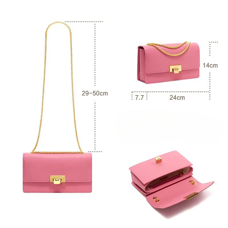 Sac à Main Luxe en Cuir Rose pour Femme sur fond blanc avec dimensions
