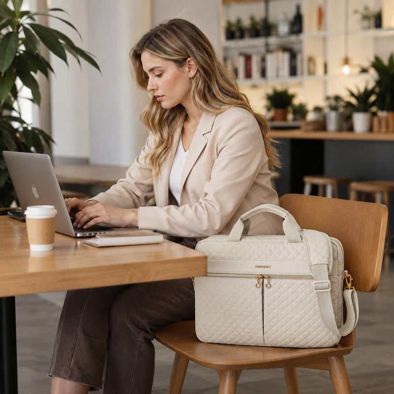 Femme travaillant sur ordinateur portable dans un café, Sacoche Ordinateur Femme Tendance blanc crème posée sur la chaise - Noir - Blanc Crème - Taupe - Rose