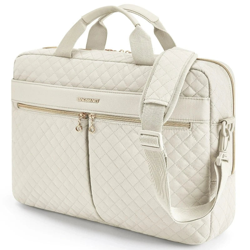 Sacoche Ordinateur Femme Tendance en blanc crème, vue 3/4 face avec bandoulière - Noir - Blanc Crème - Taupe - Rose