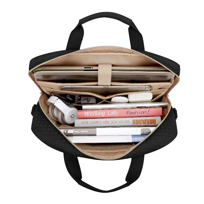 Intérieur de la Sacoche Ordinateur Femme Tendance noire avec ordinateur portable et accessoires rangés - Noir - Blanc Crème - Taupe - Rose