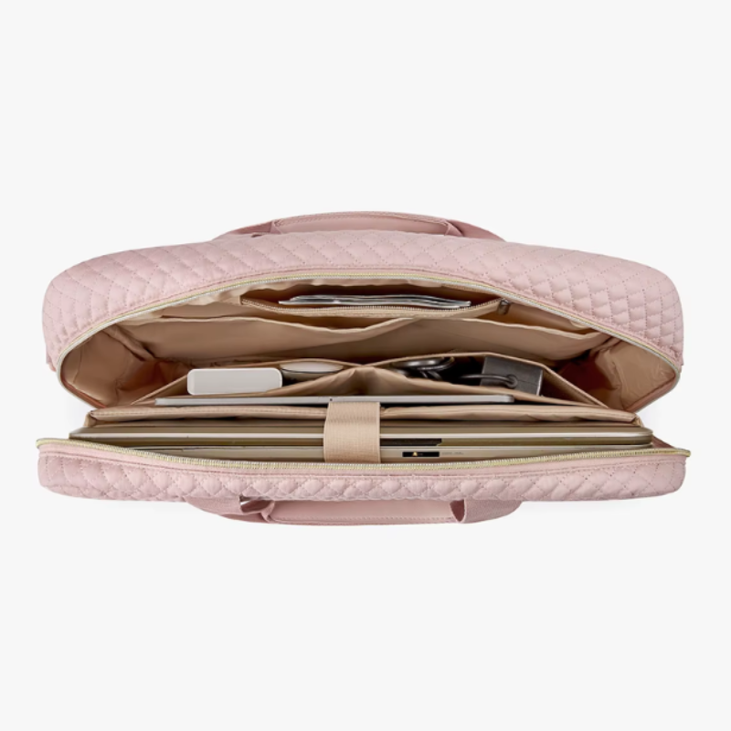 Intérieur de la Sacoche Ordinateur Femme Tendance rose avec compartiments organisés pour ordinateur et accessoires - Noir - Blanc Crème - Taupe - Rose