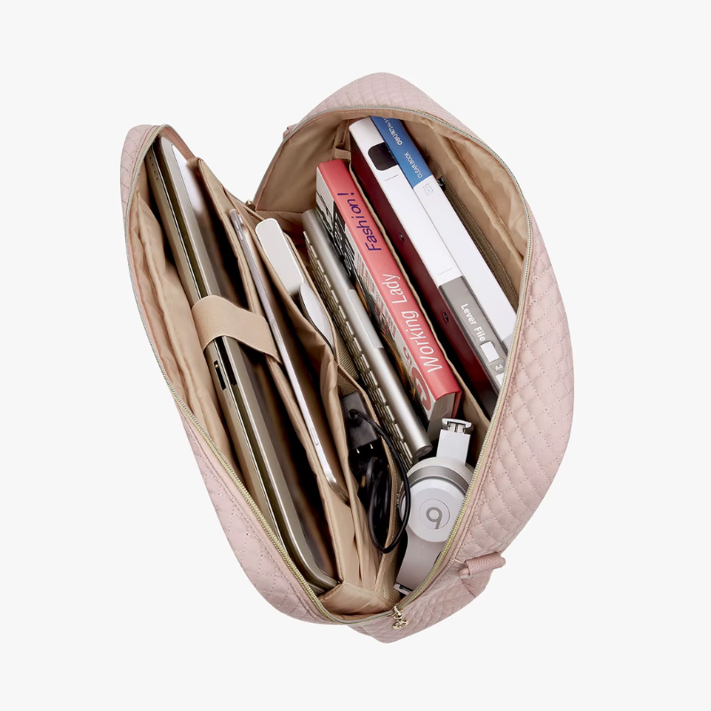 Intérieur de la Sacoche Ordinateur Femme Tendance rose ouverte avec ordinateur portable, livres et écouteurs - Noir - Blanc Crème - Taupe - Rose