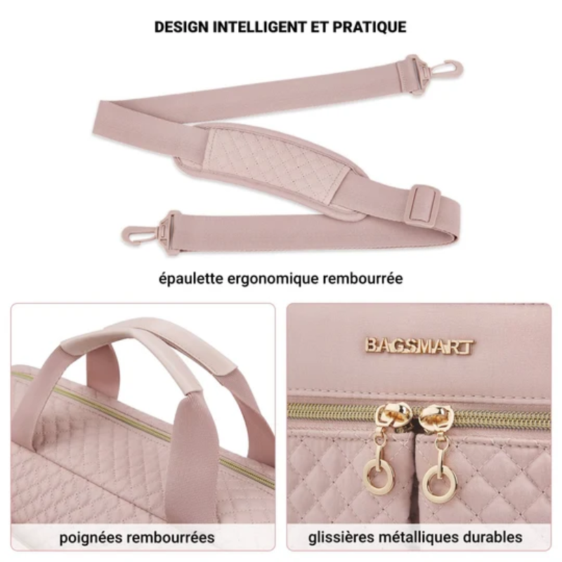 Détails de la Sacoche Ordinateur Femme Tendance rose : bandoulière, poignées rembourrées et glissières dorées - Noir - Blanc Crème - Taupe - Rose