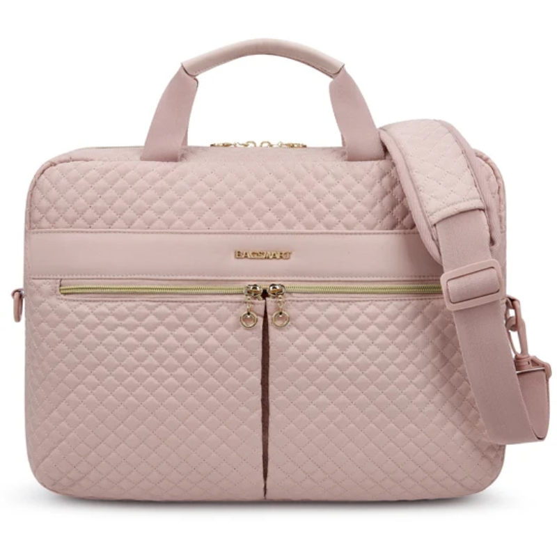 Sacoche Ordinateur Femme Tendance en rose, vue 3/4 face avec bandoulière détachable - Noir - Blanc Crème - Taupe - Rose